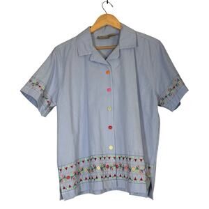 Vintage Button Front Embroidered Blouse Short Sleeve Womens Large Blue Artsy